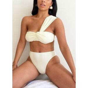 PrettyLittleThing Cream One Shoulder Bikini‎ Set Small US 4 NWT High Waist